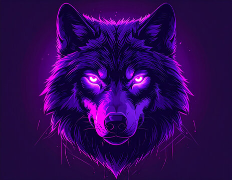 A wolf's head with neon purple accents and glowing eyes is depicted in a bold vector illustration.