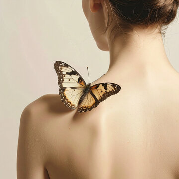 Woman with butterfly wings emerging from back, minimal composition, serene atmosphere.