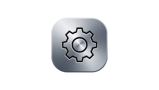 Metallic silver gear icon within rounded rectangle button