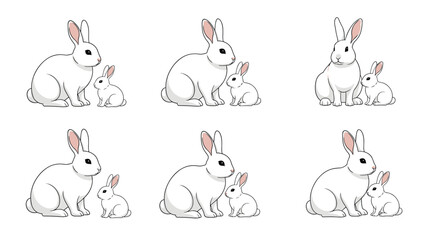 Obraz premium Set of six illustrations depicting a large white rabbit with a smaller baby bunny in various gentle interactions and poses.