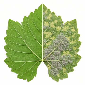 Comparative Photo of a Healthy Green Leaf Next to an Unhealthy Vine Leaf Infected with Powdery Mildew