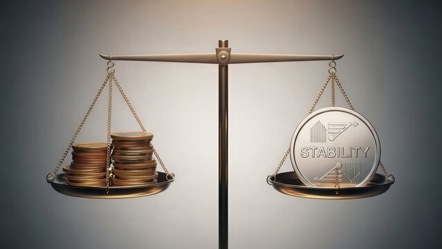 Golden coins and a silver stability coin on a balance scale
