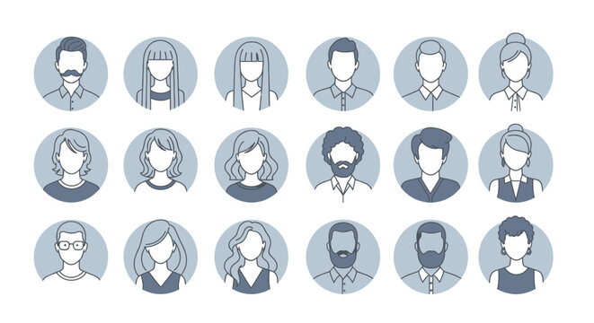 Collection of circular blue and grey avatars featuring professional silhouettes and headshots in a corporate icon style.