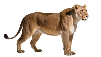Tan female lion standing sideways with long tail and focused gaze © Lukas