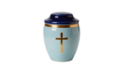 Ceramic Urn with Blue Body and Gold Lid Featuring a Cross Emblem