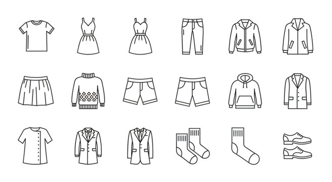 Collection of various clothing items, including shirts, dresses, jackets, and shorts, in a simple line art style.
