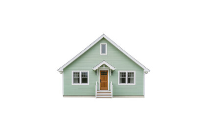 Light blue two-story house with wooden porch and windows