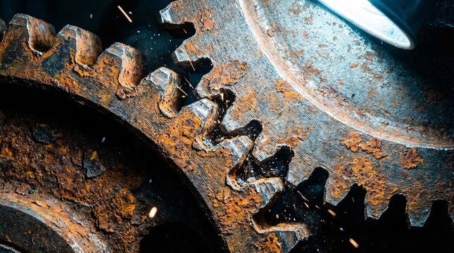 Rusted steel gears grinding against one another in extreme close-up expertly illustrate the frustrating friction of cognitive dissonance.
