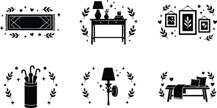 Black and white line art home decor icons with frames lamps rug and umbrella stand