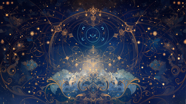 スピリチュアルな要素を抽象的に描いたデジタルアート、神秘的な雰囲気と幻想的な空間が広がるビジュアル、意識やエネルギーの調和をテーマにした表現、映像制作や背景素材にも適した高品質素材
