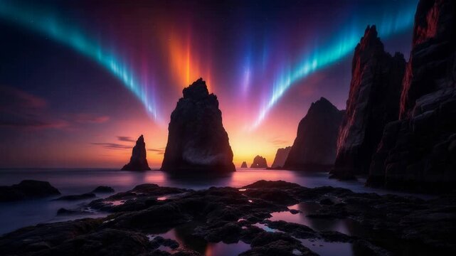 Aurora borealis illuminates prehistoric rocky coastline at twilight. Majestic geological formations during Jurassic era. Celestial light show over ancient ocean.
