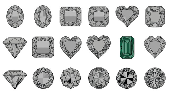Large set of twenty diamond and gemstone illustrations showing various shapes and cuts in grey tones for jewelry design.