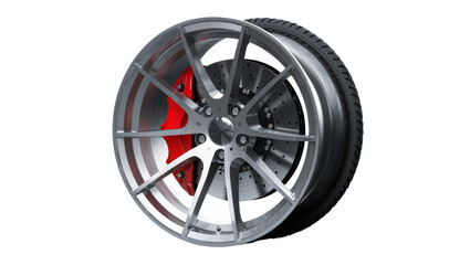 Obraz premium Silver alloy wheel with red brake calipers and black tire