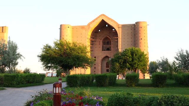 Turkestan, Kazakhstan - June 03, 2025: Panoramic view of the historical Mausoleum of Khoja Ahmed Yasawi (Қожа Ахмет Ясауи) and Rabia Sultan Begim Mausoleum (Рабия Сұлтан Бегім кесенесі) complex