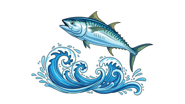 Dynamic illustration of a blue tuna fish leaping high out of stylized blue ocean waves with water splashes and spray on a white background.