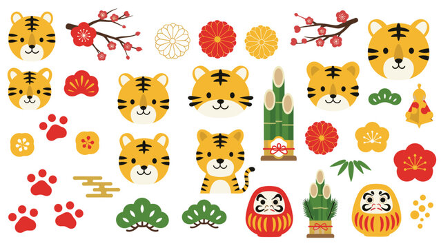 Collection of cute tiger faces and traditional japanese lucky charms like daruma dolls and bamboo for the lunar new year festival greeting.