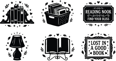 Black and white reading nook phrase with book basket lamp and open book vector art