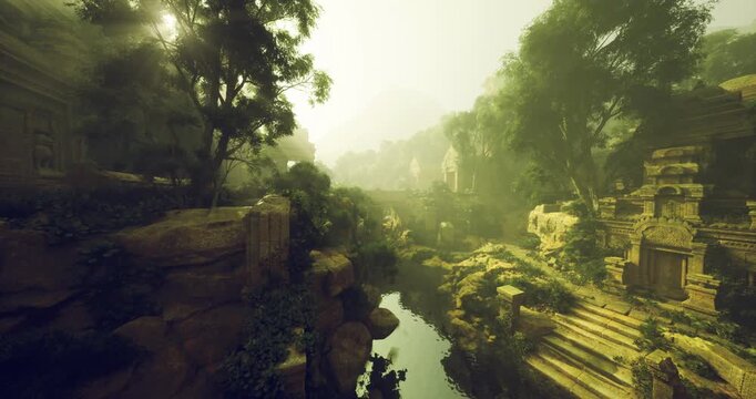 Mosscovered temple canyon illuminated by sunrise rays, stepped terraces and quiet river ideal for archaeologist survey, drone mapping and heritage