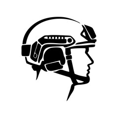 Logotipo con dibujo minimalista de un primer plano de la cabeza de un soldado con casco de combate, visto de perfil  © teracreonte