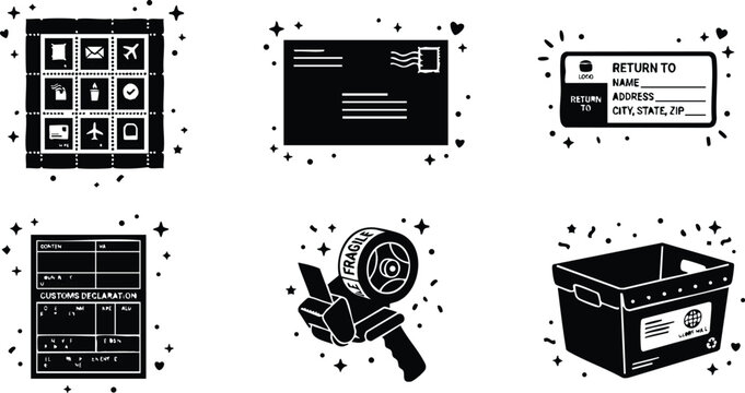 Black and white shipping labels postal tape dispenser mail box vector art