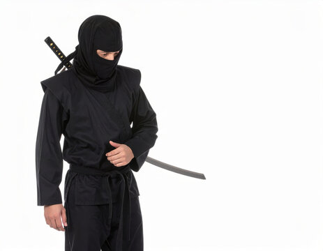 Ninja in black robe standing pose isolated on white background, traditional stealth warrior costume, masked face, studio lighting, clean cutout, no text, no logo