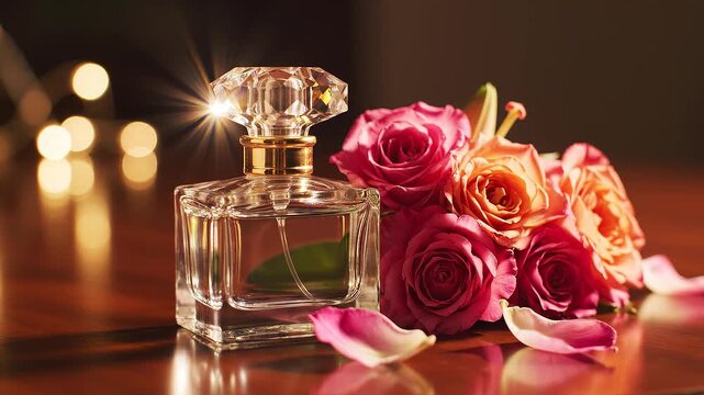 Elegant clear glass perfume bottle with a diamond-cut crystal top placed on a wooden surface beside pink and orange roses with rose petals and warm bokeh background lighting.