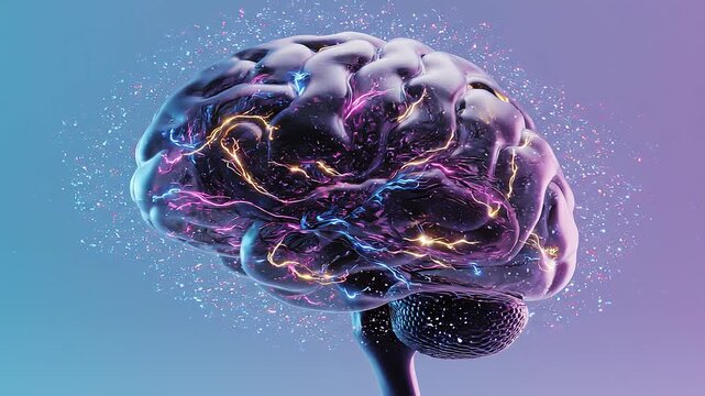 3D human brain model with glowing blue and pink neural connections illustrating synapses, artificial intelligence, and nervous system activity on a purple gradient background.