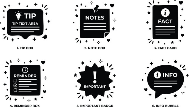 Black and white important badge tip note fact reminder info icons vector art