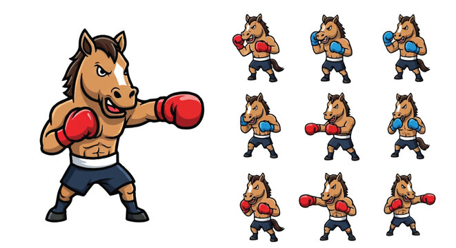 Cartoon horse boxer character posing with different boxing glove variations