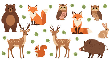 Fototapeta premium Large collection of cute cartoon forest animals including a bear, fox, deer, owl, squirrel, boar, and rabbit with green leaves.