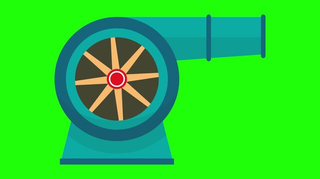 Close-up animated shot of a teal industrial blower fan with spinning blades on a green screen background