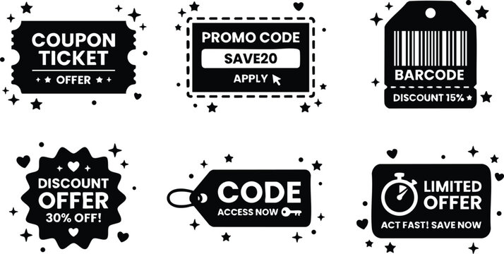 Black and white discount promo code coupon ticket tags vector art set with stars and hearts