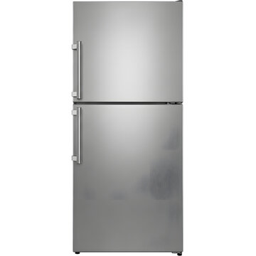 A large silver french door refrigerator