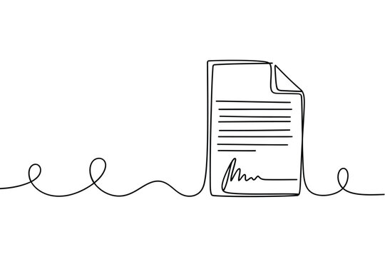 Continuous line drawing of a document with a signature and swirling design