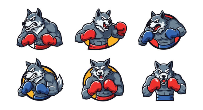 Boxer wolf mascot set vector illustration on white background