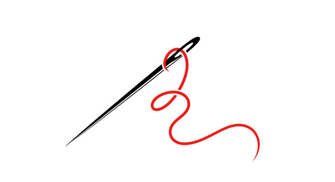 Minimalist representation of a needle with red thread passing through the eye, vector illustration