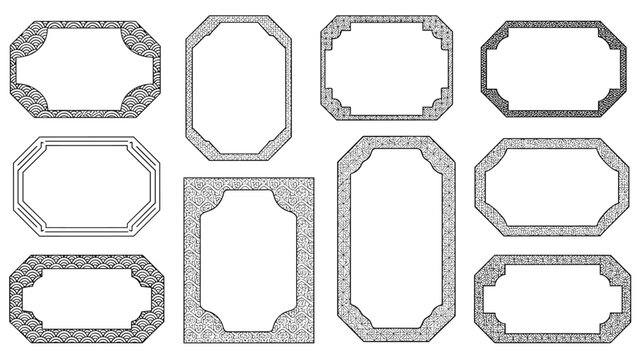 Set of various rectangular and octagonal ornamental frames featuring traditional Asian motifs and intricate geometric designs in monochrome.