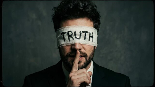 Adult male human, blindfolded by fabric band with word TRUTH text. Person gestures silence, finger to lip, depicting profound emotional mystery, suppressed knowledge, and hidden communication
