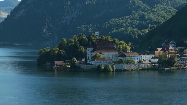 Aerial view of Johannesberg church and Traunsee lake in Traunkirchen, Austria