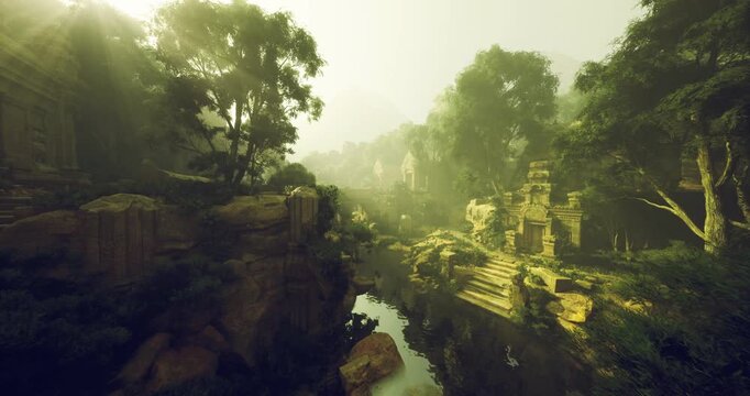 sunlit stone ruins along river gorge, overgrown terraces and vine draped walls, textured sandstone cliffs with soft light and long shadows, scene suggests