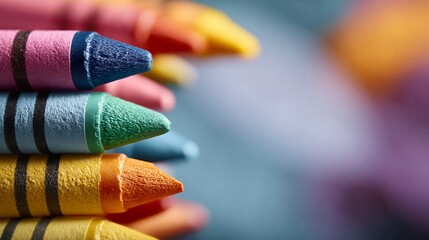 Obraz premium Close-up of colorful wax crayons stacked together, showcasing vibrant hues of pink, blue, green, orange, and yellow against a blurred background