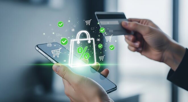 Online shopping concept with a hand holding a credit card over a smartphone screen, representing e-commerce and digital payments in a modern world