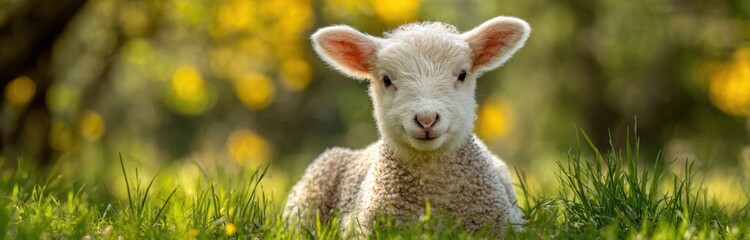 Obraz premium Adorable juvenile sheep with fluffy white wool sitting peacefully on lush green grass amidst a vibrant spring landscape