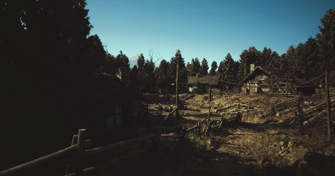 weathered clothesline post on sunlit slope, single timber pole leaning over dry grass, frayed rope and broken peg, long shadow stretching toward pine ridge,