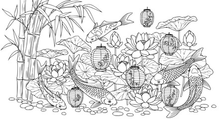 Obraz premium Koi and Lotus with Lanterns and Zen Elements Black Line Illustration