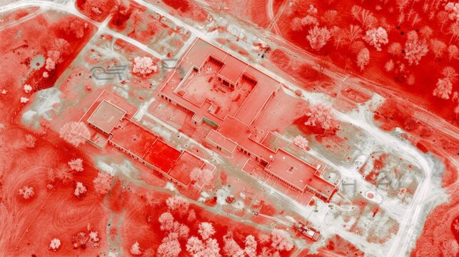 A red and orange image of a building with a red roof. The image is a close up of the building and the surrounding area