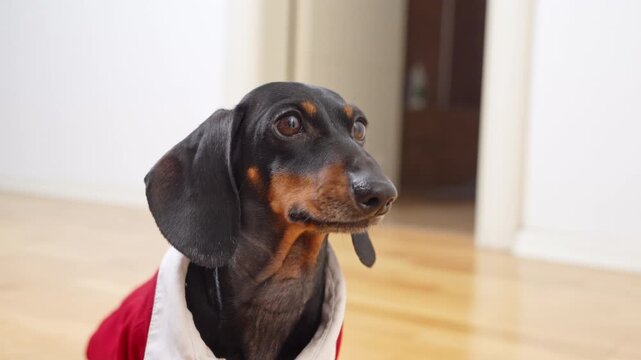 Black dachshund dog glancing sideways with large soulful anxious eye in a bright home interior, emotional animal character, expressive pet moment, worried dog concept