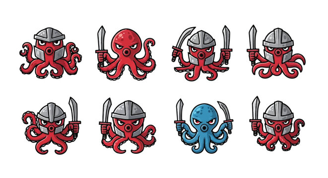 Cartoon octopus characters in various poses with helmets and swords