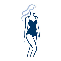Logotipo con dibujo con líneas de una mujer con pelo largo y bikini de estilo retro, posando de pie © teracreonte