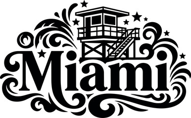 Obraz premium Black and white decorative miami text with beach lifeguard tower and stars vector art